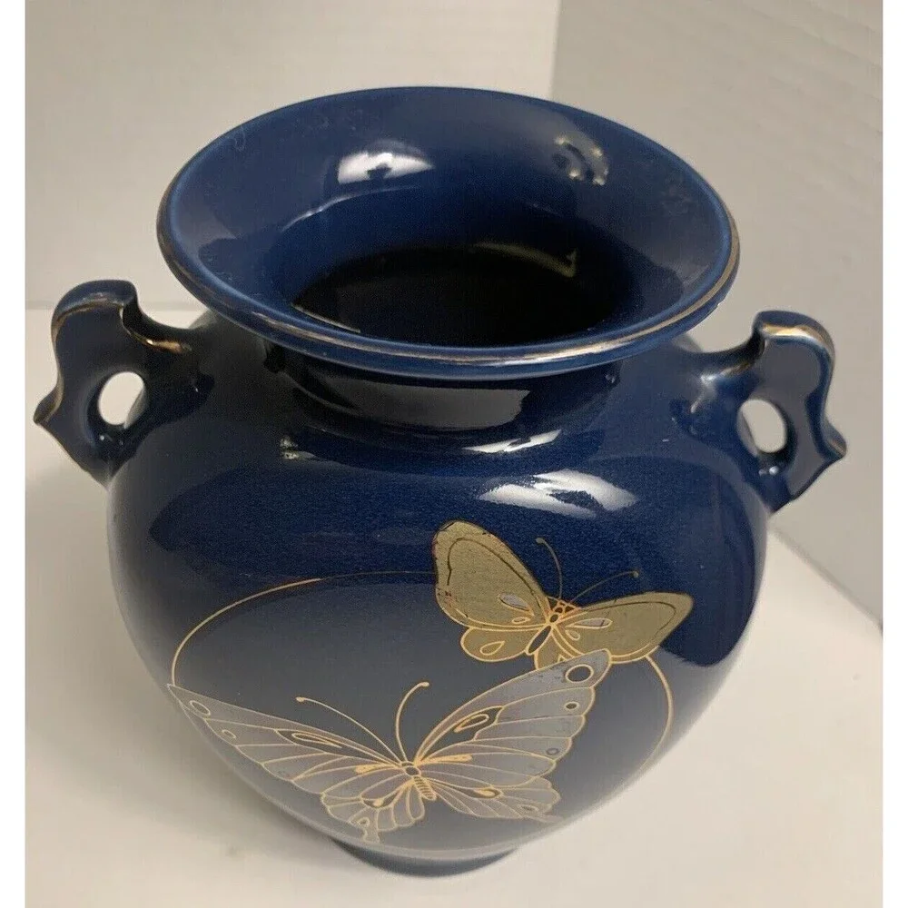 Fine China Of Japan Hazy Blue(Grayish Blue) Butterfly Vase  Gold Rim Accents VTG
